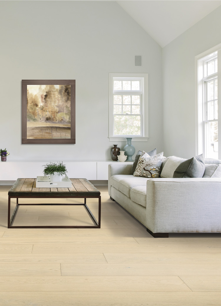 warm toned wood flooring in living room with minimalistic decor